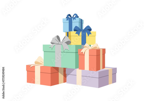 A stack of colorful wrapped presents with bows arranged haphazardly