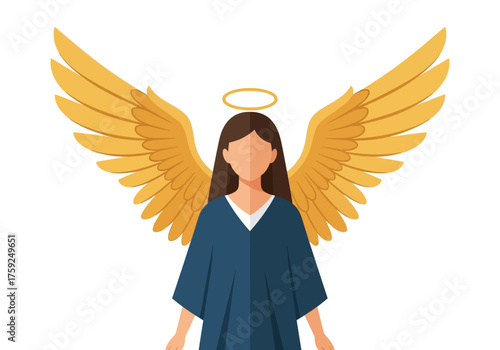 Angelic figure with golden wings and halo wearing blue robe standing in front of white background