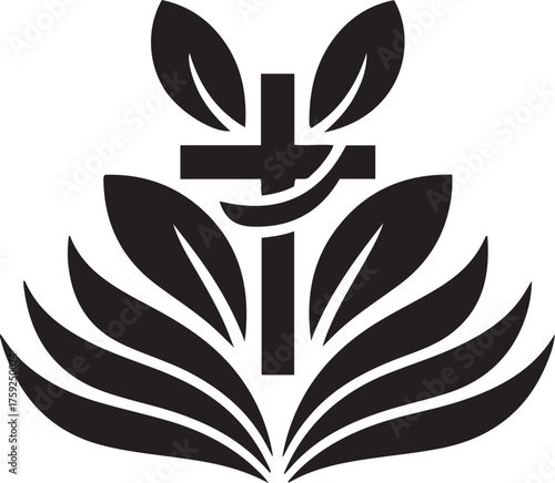 Christian cross with leaves isolated on white background, symbolizing faith and growth