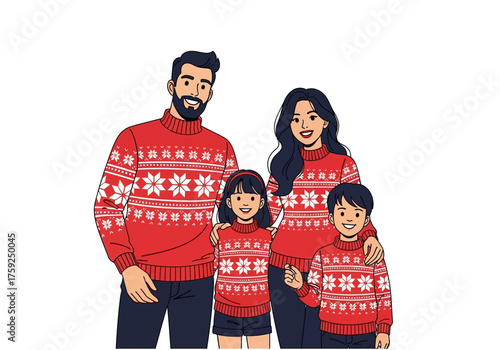 Cartoon family of four in red snowflake sweaters smiling