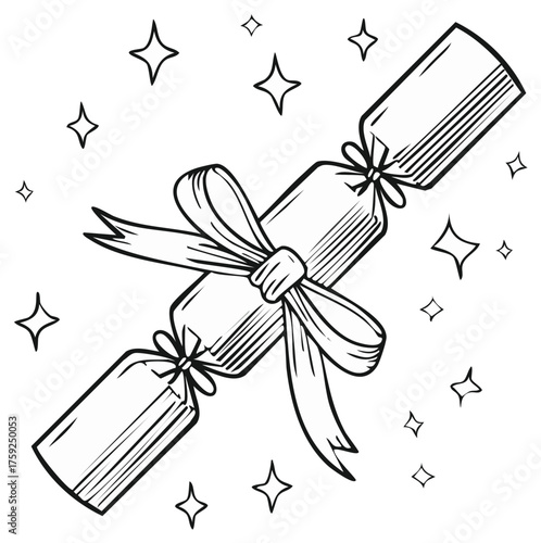 Festive Christmas cracker illustration with decorative bow and sparkling stars