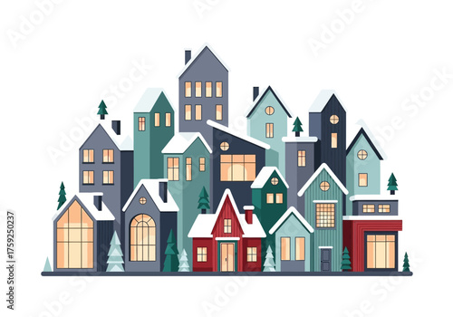 Cartoon townscape with houses  snowdusted roofs