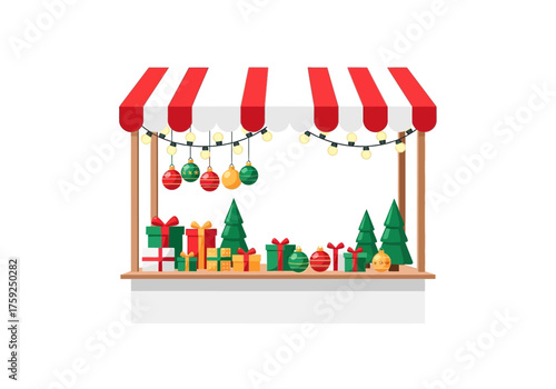 Christmas market stall with presents trees ornaments  string lights under redwhite striped canopy