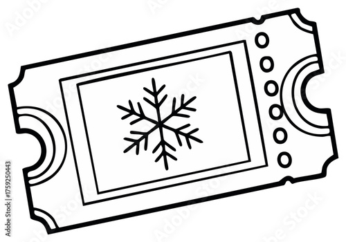 Black and white simple line drawing of a ticket with a snowflake design