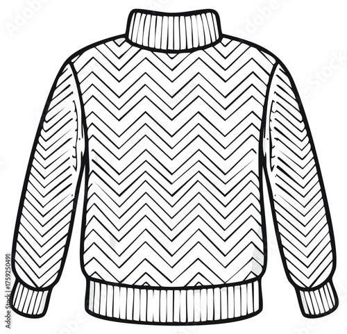 Illustration of a stylish chevron pattern sweater with a turtleneck collar, in black and white.