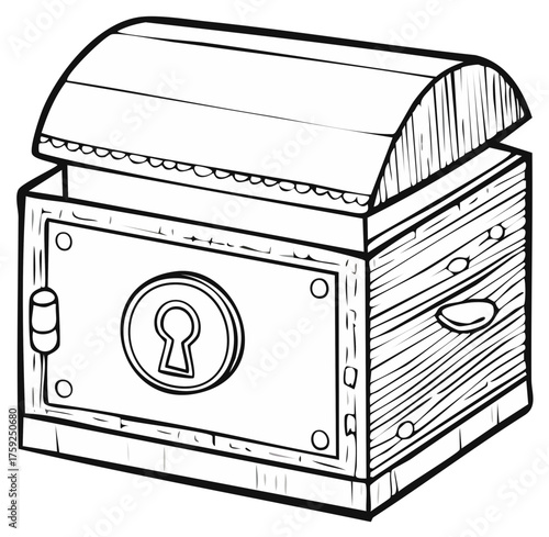 Black and white line art illustration of an old wooden treasure chest with an open lid and keyhole