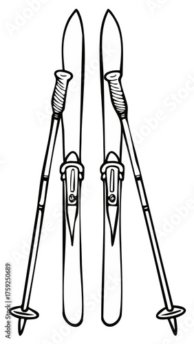 Line art of skis and poles. Winter sports equipment illustration.