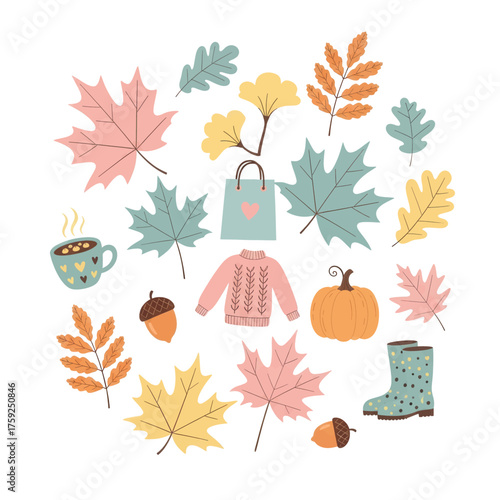 A charming circular arrangement of cute autumn-themed illustrations, including colorful leaves, a cozy sweater, and a pumpkin.