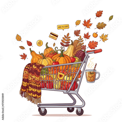 A shopping cart overflowing with autumn harvest produce, including pumpkins, gourds, apples, and fall leaves, with a cozy blanket and a warm drink.