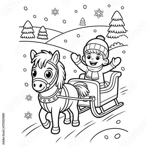 Winter Coloring Page with a Kid Riding a Horse Sleigh in Snow