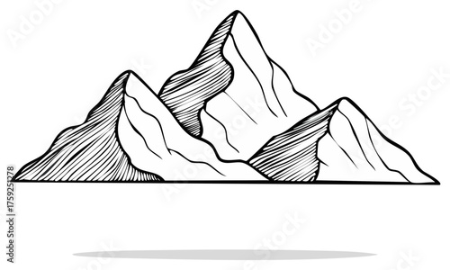 Hand drawn mountain range illustration in a black and white engraving style. Sketch of peaks for adventure.