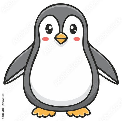 Cute cartoon penguin with rosy cheeks stands isolated on white, simple illustration
