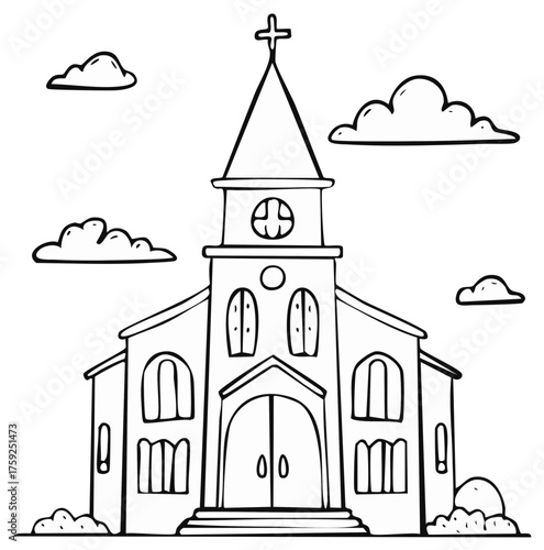 Doodle illustration of church building with cross and cloudy sky for religious activities