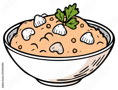 Creamy mushroom soup in a bowl with parsley garnish offering a tempting and appetizing illustration