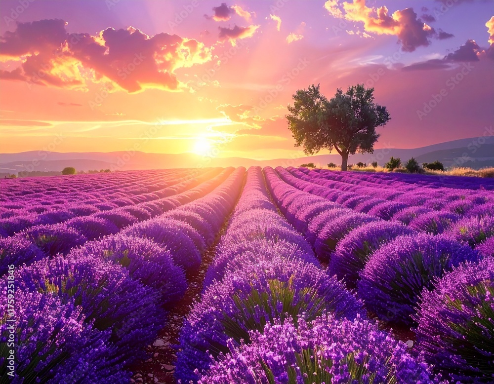 Fototapeta premium Lavender Field at Sunset A Serene Landscape.