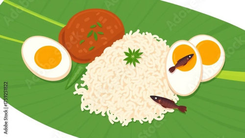 A traditional and delicious breakfast or lunch meal of fried egg with a yolk next to cooked chicken and rice on a white plate vector
