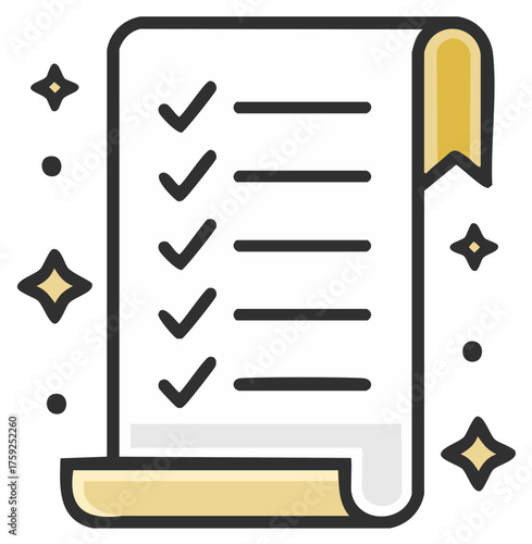 Magical scroll with a completed to-do list. Fantasy icon of success, goals, and achieved tasks.