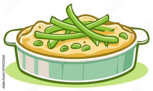Cartoon dish of bean casserole bake with green beans, stylized vector illustration