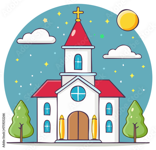 Cartoon Church Scene at Night with Cross, Clouds, Starry Sky, Trees and Round Moon