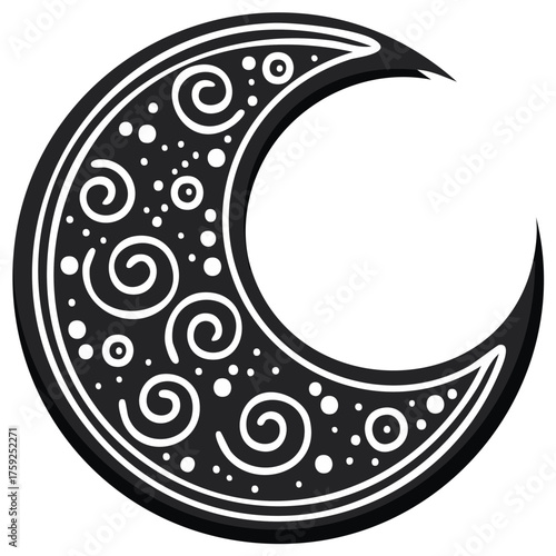Ornate Crescent Moon Illustration with Swirls and Dots