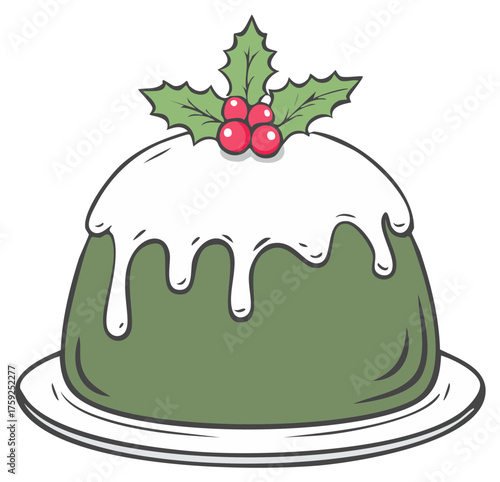 Traditional Christmas pudding with white icing and holly berries on a plate