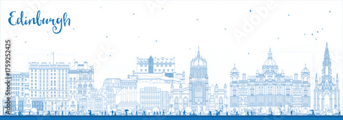 Outline Edinburgh Scotland city skyline with blue buildings. Edinburgh cityscape with landmarks. Business travel and tourism concept with modern and historic architecture.