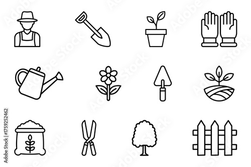 Gardening icon set on white background. Symbol of farmer, shovel, watering can, flower, tree, plant, gloves, trowel, fence, trimmer, seed, organic. Gardening element outline editable vector stock