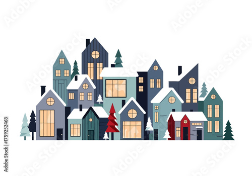 Snowy village illustration with angular houses lit windows and various evergreen trees