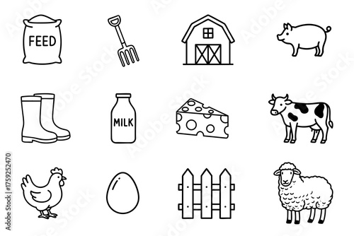 Farming icon set on white background. Symbol of feed, milk, cow, sheep, pig, chicken, egg, cheese, fence, barn, gumboots, pitchfork. Farming element outline editable vector stock