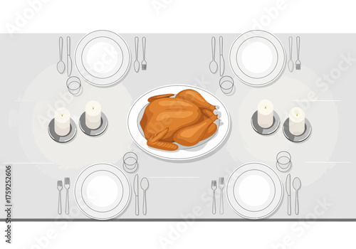 Table set with roasted turkey plates silverware glassware and candles