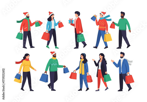 Ten people holding shopping bags wearing winter attire hats scarves and sweaters on a white backdrop