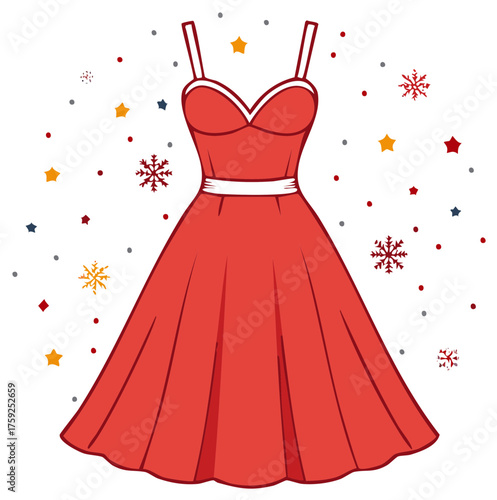 Elegant Red Party Dress Illustration with Festive Snowflakes Stars and Celebration Confetti Pattern
