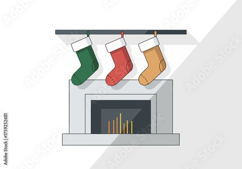 Three stockings hang on a mantel above a gray fireplace with a warm fire inside