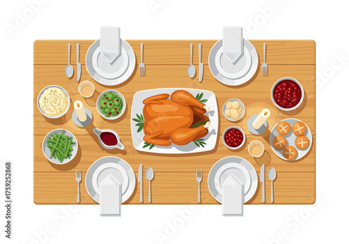 Topdown Thanksgiving table with turkey side dishes settings for four