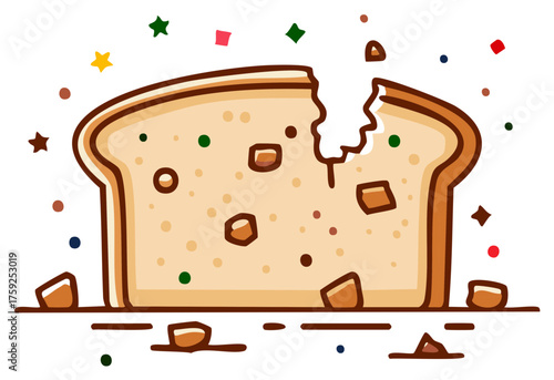 Festive Bread Slice with Bite and Confetti in Cartoon Style Illustration