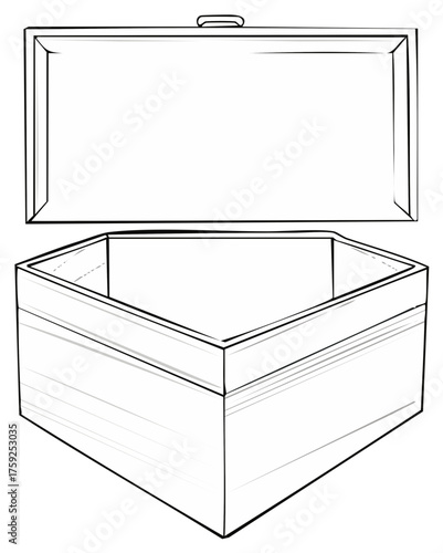 Open empty box with separate lid line art drawing illustration