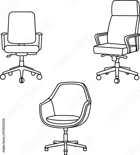 Office chair vector illustration, ergonomic seating furniture, executive chair, modern swivel chair with wheels, workplace interior element, isolated cartoon style
