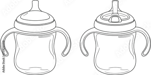 Sippy cup vector illustration, baby drinking mug with handles, toddler training cup with spout, children feeding accessory, isolated cartoon style