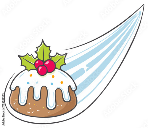 Festive Christmas pudding illustration with holly garnish and abstract swirl design for seasonal themes
