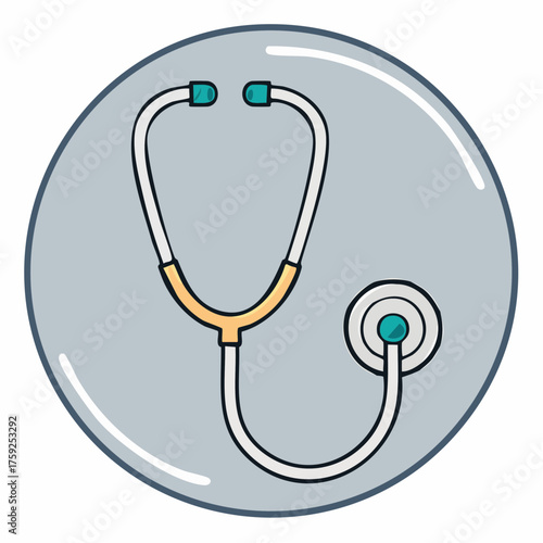 Illustration of a medical stethoscope in a circular frame, symbolizing healthcare, diagnosis, and medical examination.