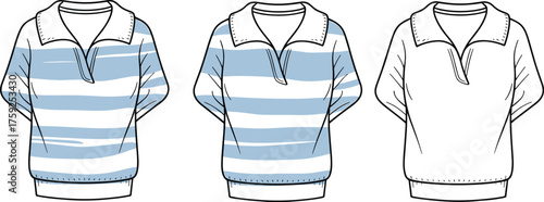 Pullover shirt, long sleeve, collar zip, fashion sketch, casual wear, striped design, white garment, apparel flat, cad drawing, flat vector illustration