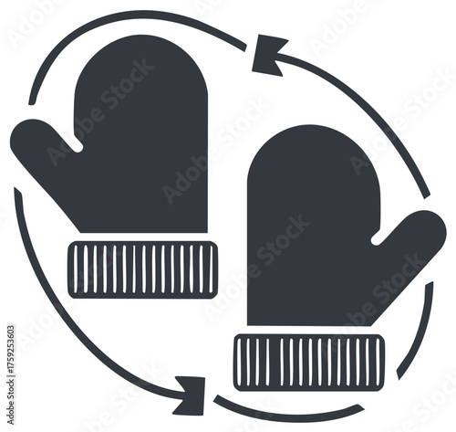 Two winter mittens with circular arrow symbol representing exchange or rotation