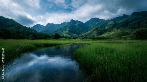 A serene landscape of lush green fields and calm water reflecting dramatic mountains under a cloudy sky