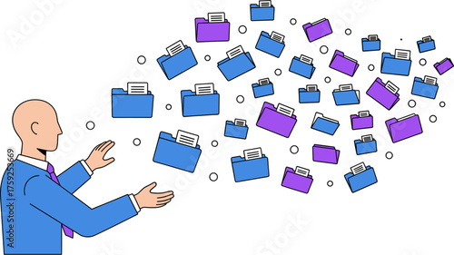An illustration depicts a man surrounded by floating folders representing information, ideas, and data in a digital environment, concept of organization.