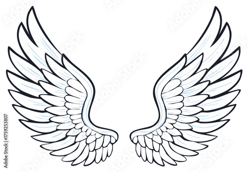 A pair of white and blue illustrated angelic wings spread open vector drawing