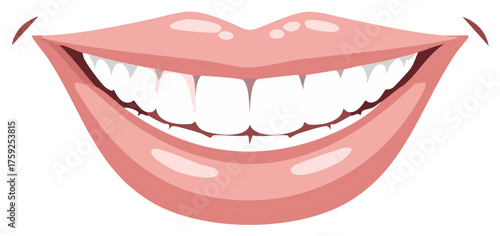 Stylized illustration of a broad, smiling mouth with clean white teeth and pink lips