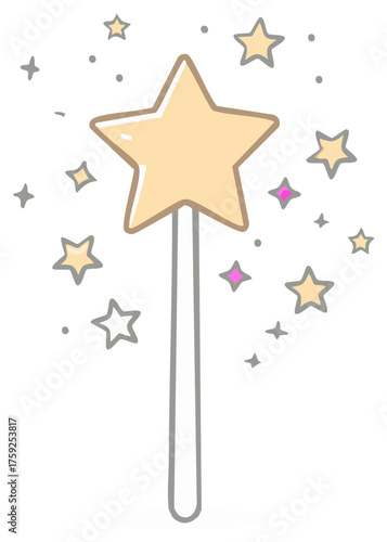A cute hand drawn magic wand with a yellow star surrounded by glitter and sparkles. Whimsical cartoon vector illustration.
