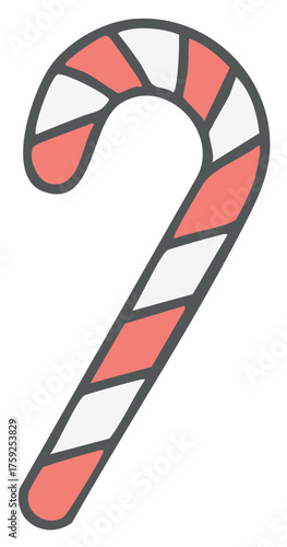 Candy cane illustration with red and white stripes and curved shape for Christmas season