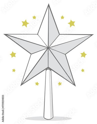 Silver Christmas Star Tree Topper Illustration with Sparkling Gold Stars