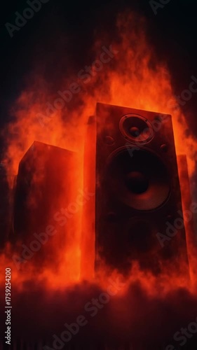 Two giant speakers erupt in vivid orange flames, set against a dark smoky stage, blazing brightly.!!